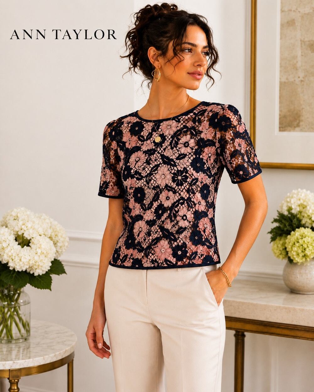 Ann Taylor Floral Guipure Lace Blouse Size 2 Navy Blush Pink Short Sleeve